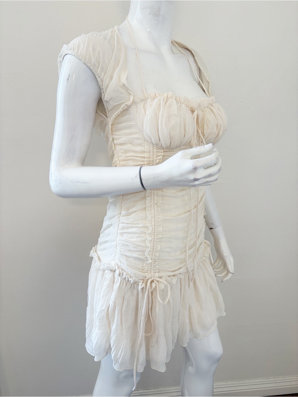 Musera Coquette Milkmaid Ivory Mini Dress w Ruched Tie Details & Chiffon Skirt - Picture 3 of 6